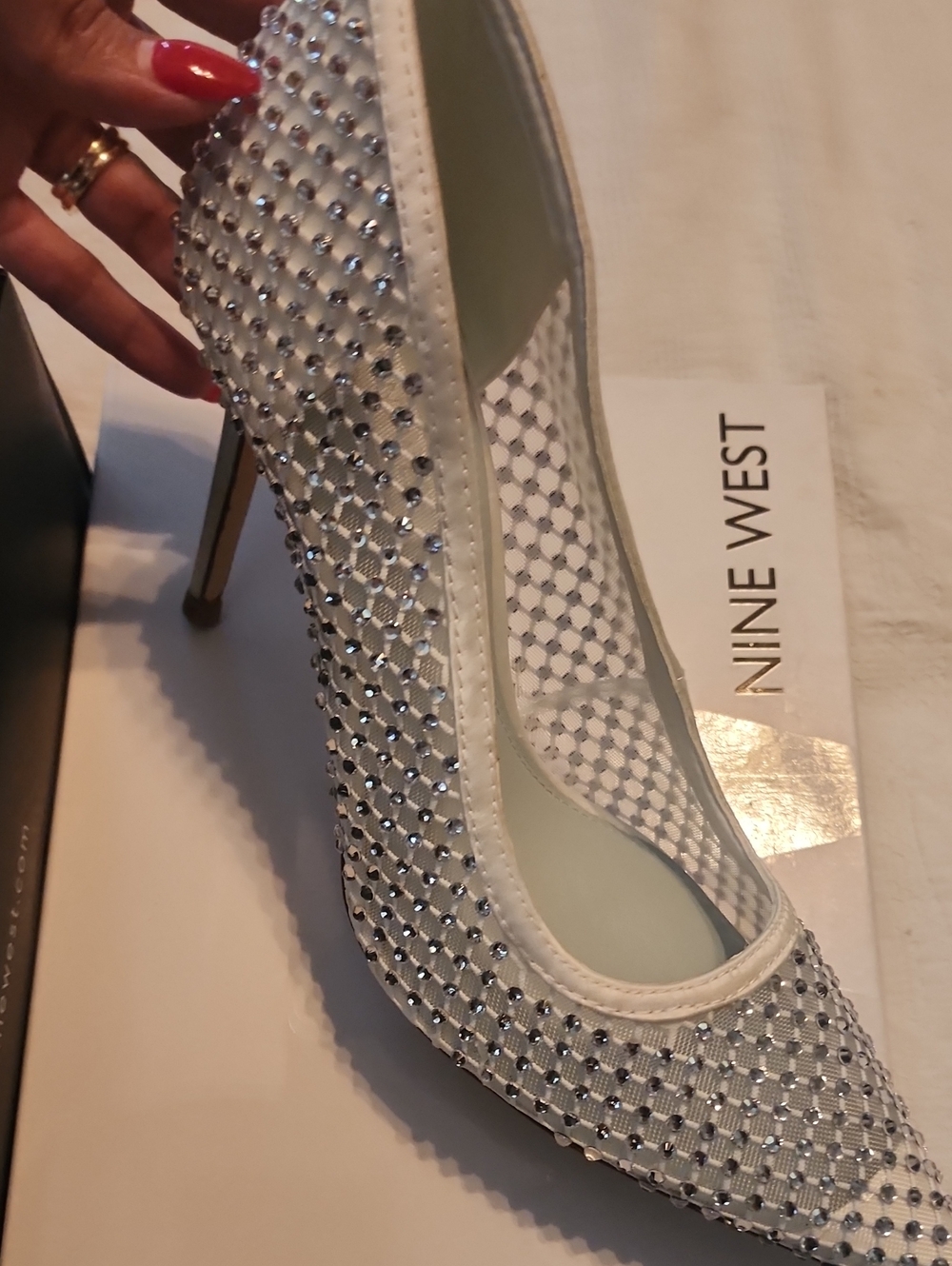 Nine West White Crystal Mesh Pointed Toe Stiletto
